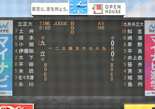 九州共立大対立正大スタメン表（撮影・柴田隆二）