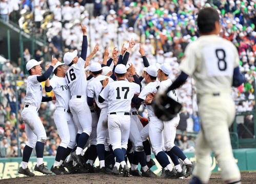 習志野対東邦　平成最後のセンバツ優勝校となり歓喜する東邦ナイン（撮影・横山健太）
