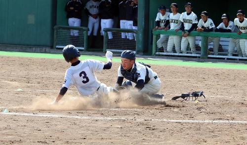 札幌啓北商対札幌工　8回1死三塁、札幌啓北商・神田のスクイズで三塁走者・中野が勝ち越しの生還を果たす（撮影・永野高輔）
