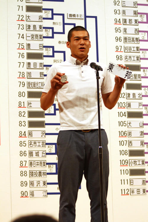 抽選会で校名と番号を告げる東邦・石川（撮影・柏原誠）