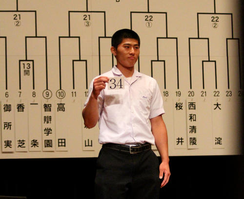 抽選番号を示す天理・北野主将（撮影・柏原誠）＝2019年7月1日、橿原文化会館