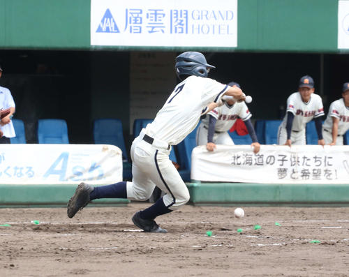 旭川龍谷対滝川　4回表旭川龍谷2死満塁、投前にセーフティーバントを決める村阪（撮影・浅水友輝）