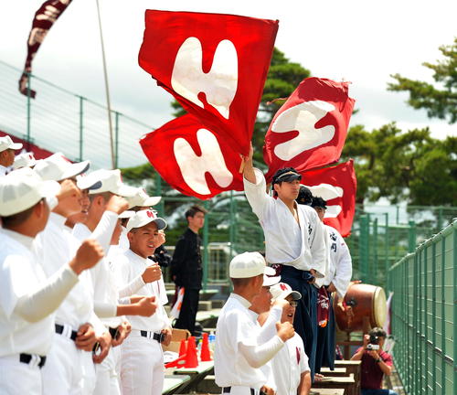 高田対福岡　旗を振って盛り上げる福岡の応援団（撮影・鎌田直秀）