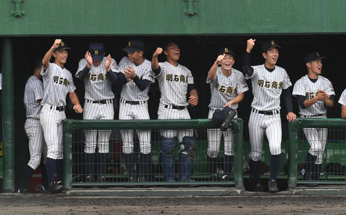 柏原対明石商　5対0と点差を広げ沸く明石商ベンチ（撮影・渦原淳）