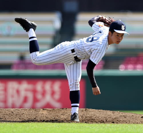 東北対柴田　3番手で登板した東北・紫葉（撮影・山田愛斗）