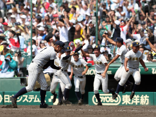 明石商対八戸学院光星　9回、最後の打者を右飛に仕留めこん身のガッツポーズを決める明石商・中森（撮影・宇治久裕）