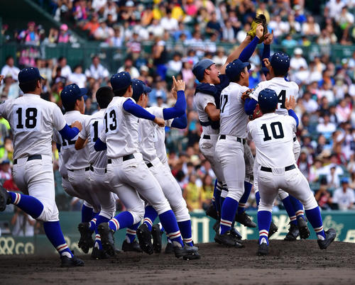 履正社対星稜　初優勝を飾り喜ぶ履正社ナイン（撮影・清水貴仁）