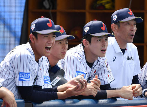 スペイン対日本　ベンチから声援を送る、左から奥川、林、佐々木（撮影・横山健太）