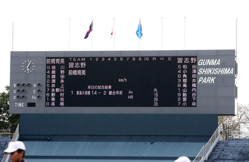 習志野対前橋育英　先発メンバーを伝えるスコアーボード（撮影・鈴木正人）