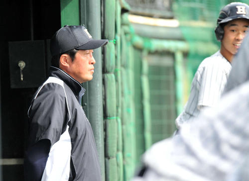 ベンチから戦況を見つめる北越・小島監督（撮影・山岸章利）