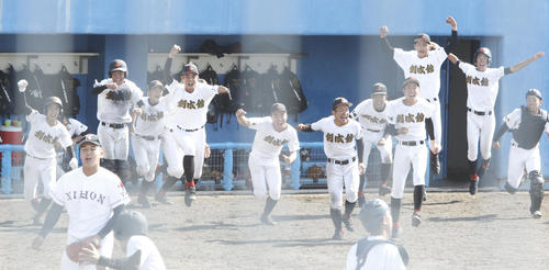 宮崎日大対創成館　サヨナラ勝ちでベンチを飛び出す創成館の選手たち（撮影・菊川光一）