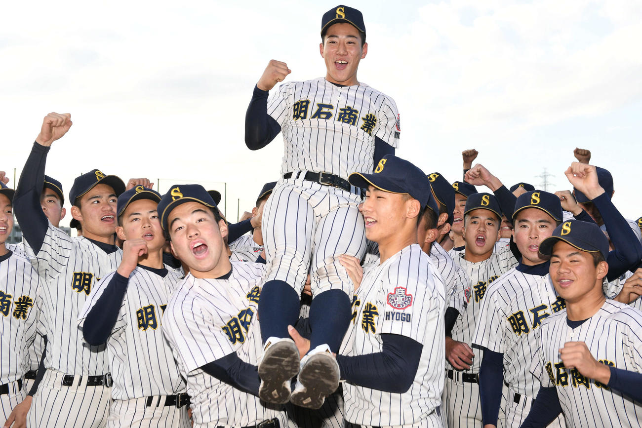 来田涼斗主将を抱き上げ喜ぶ明石商ナイン（撮影・渦原淳）