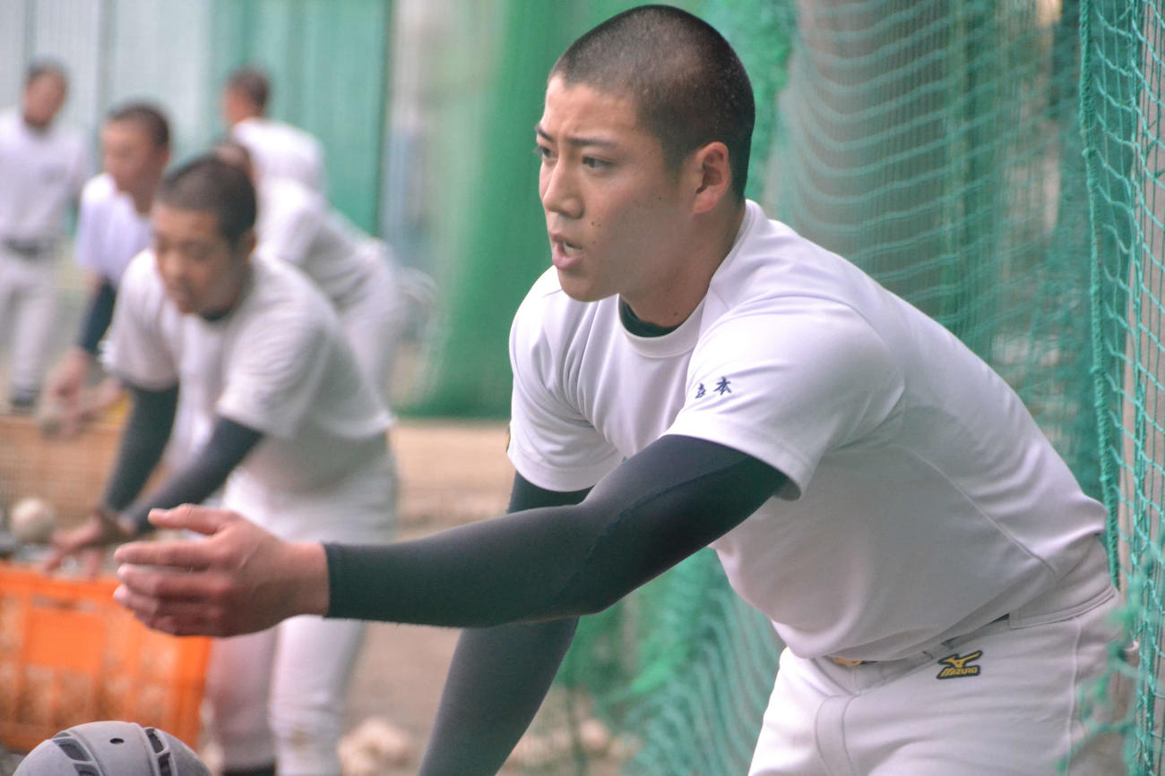 センバツ発表を翌日に控え、トスバッティングの練習を行う明石商・来田涼斗外野手