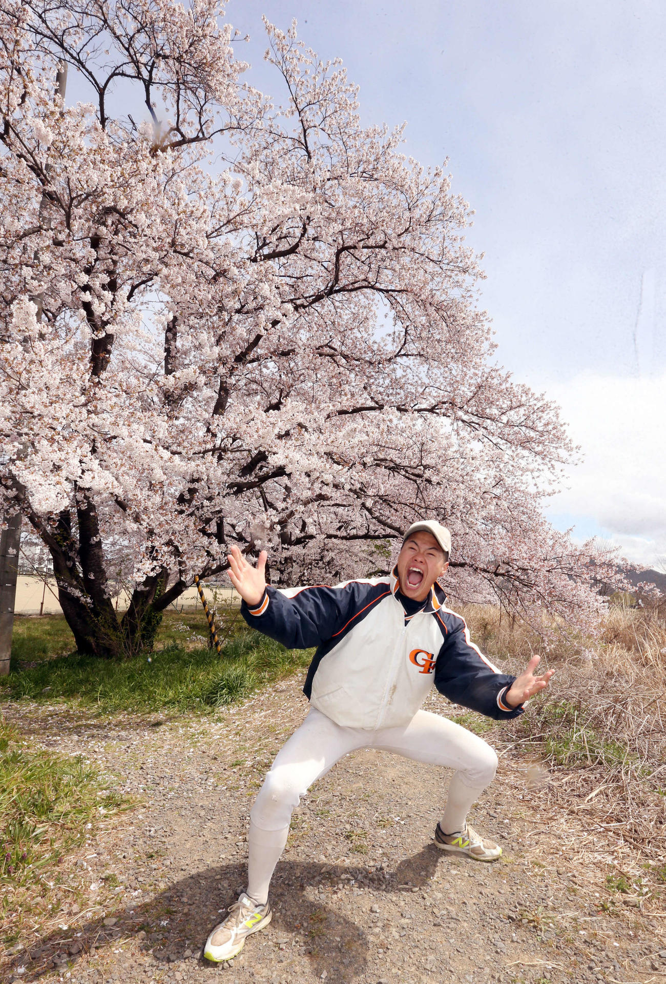 満開の桜をバックにどすこいポーズをとる学法福島・辻垣（撮影・野上伸悟）