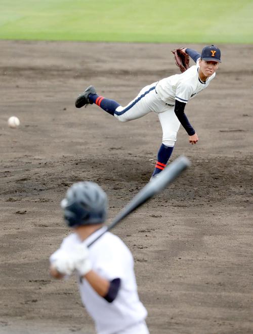 南北海道：檜山北対函館大有斗　7回表檜山北2死一塁、中川を三振にとる函館大有斗先発の工藤雅（撮影・佐藤翔太）
