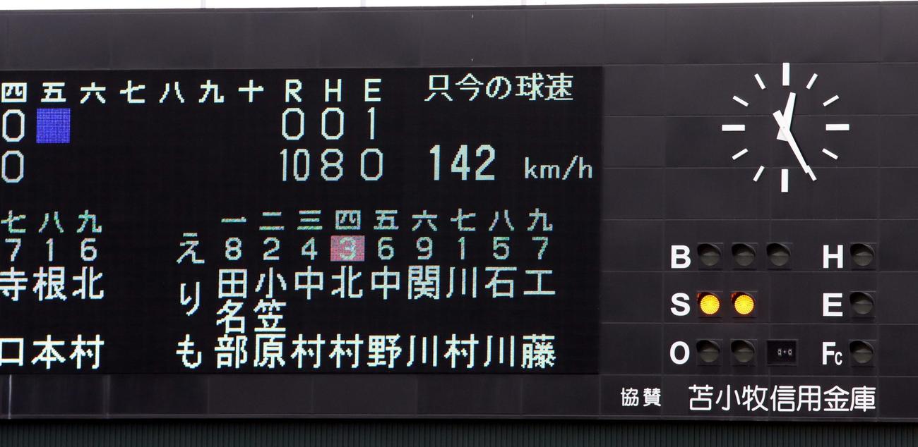 えりも対苫小牧中央　苫小牧中央エース根本のこの日の最速142キロを示すスコアボード（撮影・永野高輔）