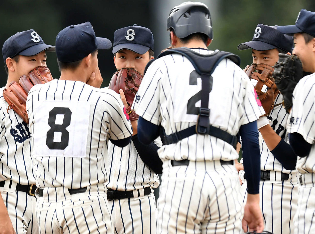 篠崎対東海大高輪台　飛沫予防のため口元を隠して会話を交わす篠崎ナイン（撮影・横山健太）