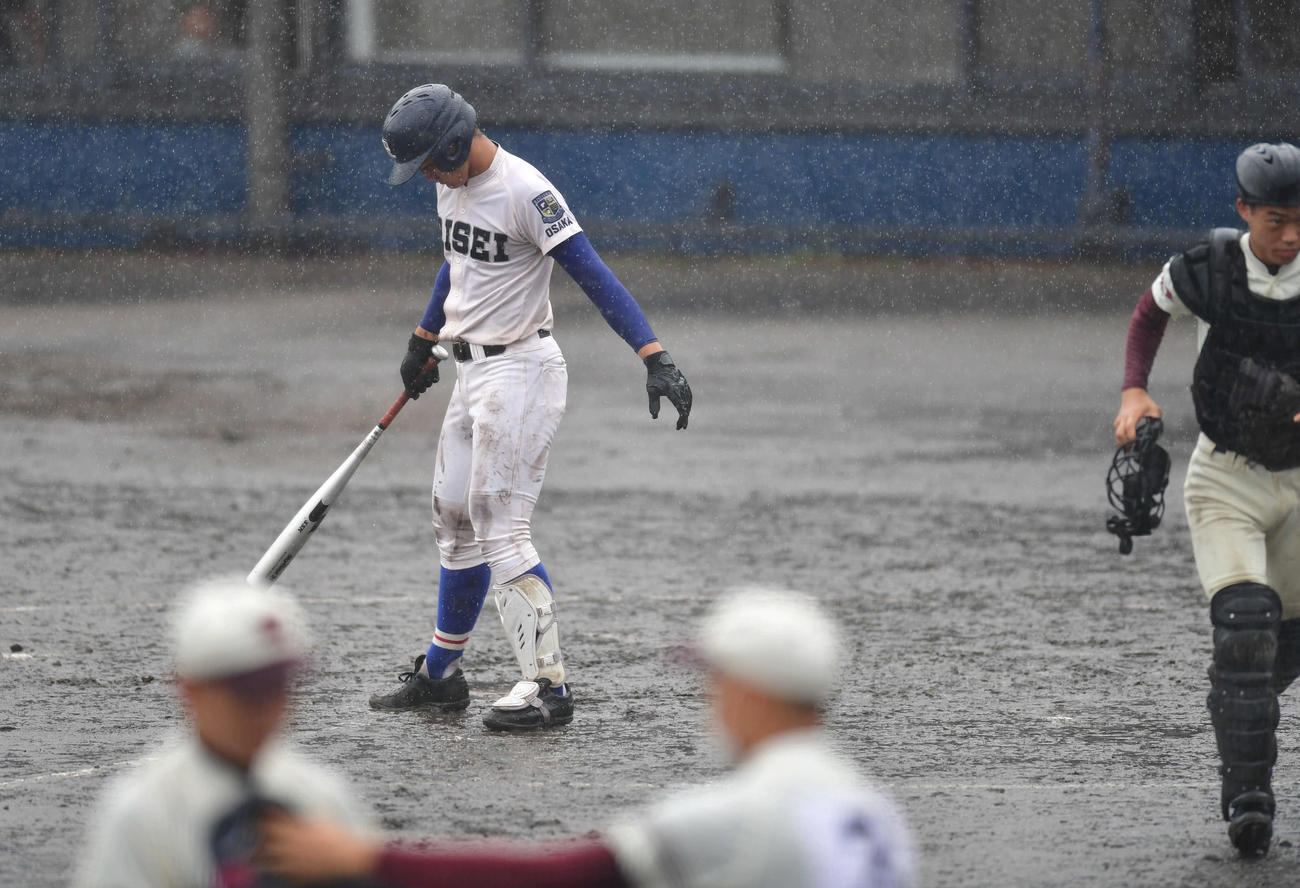 四条畷対履正社　3回裏履正社2死二塁、打席中に雨が激しくなり試合が一時中断され、地面をならす履正社・関本勇輔（撮影・岩下翔太）