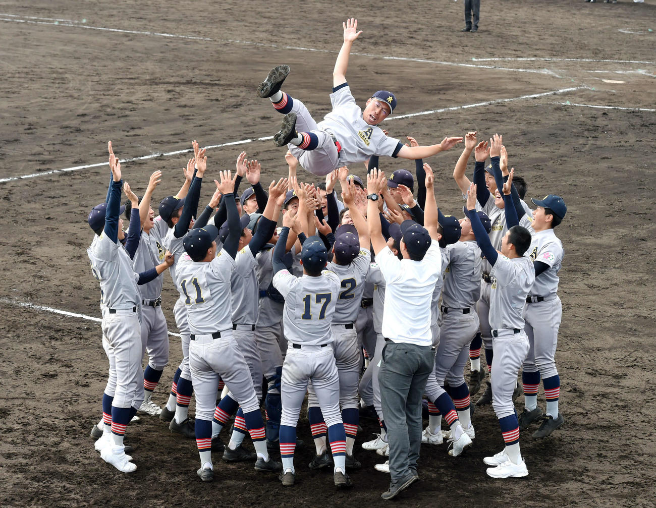 八戸学院光星対青森山田　試合後、選手たちに胴上げされる青森山田・兜森監督（撮影・相沢孔志）