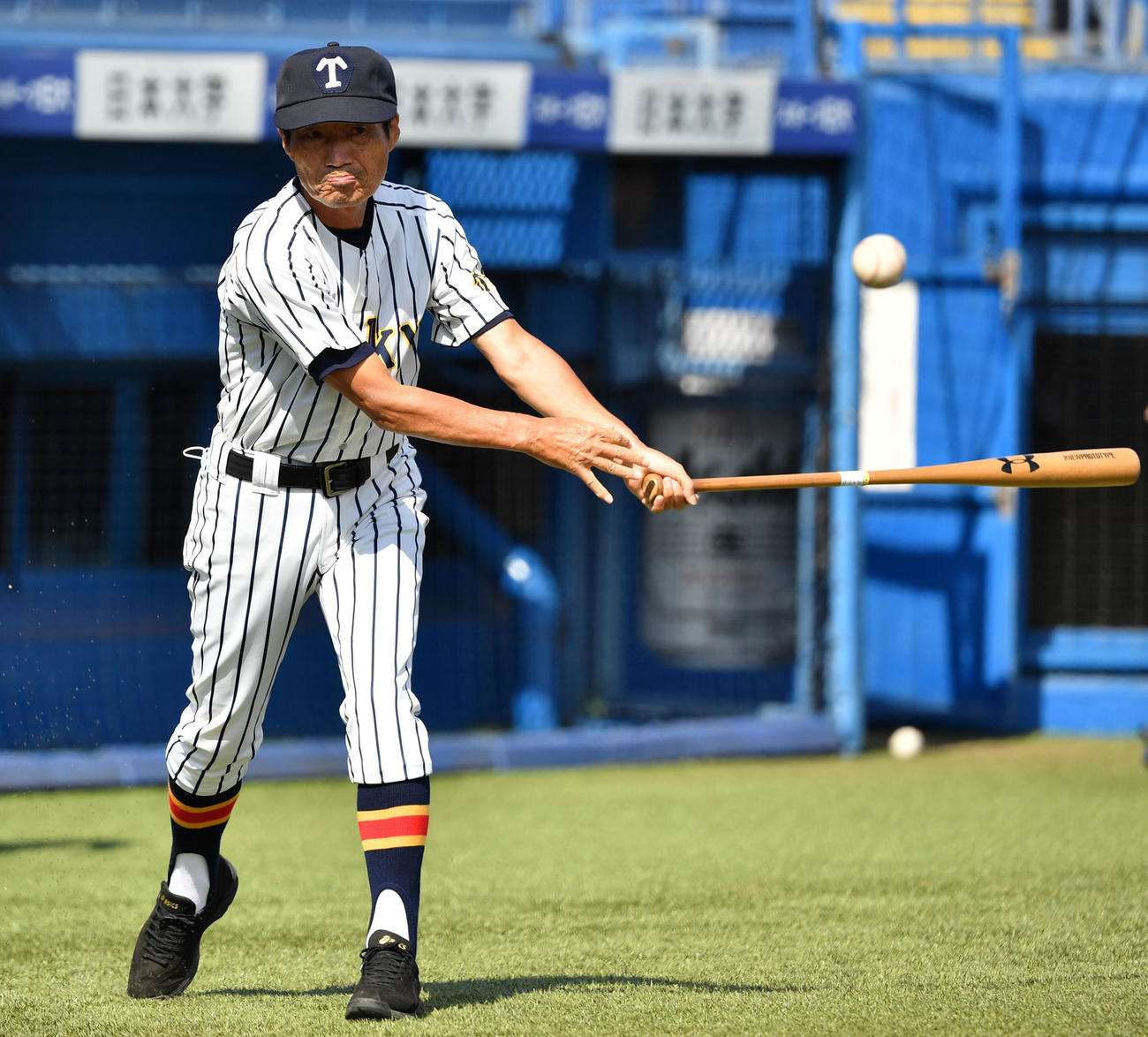 成城対帝京　試合前、ノックをする帝京・前田監督（撮影・横山健太）
