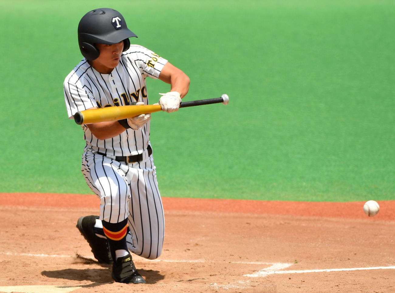 東亜学園対帝京　8回裏帝京1死満塁、スクイズを決める菊池（撮影・横山健太）