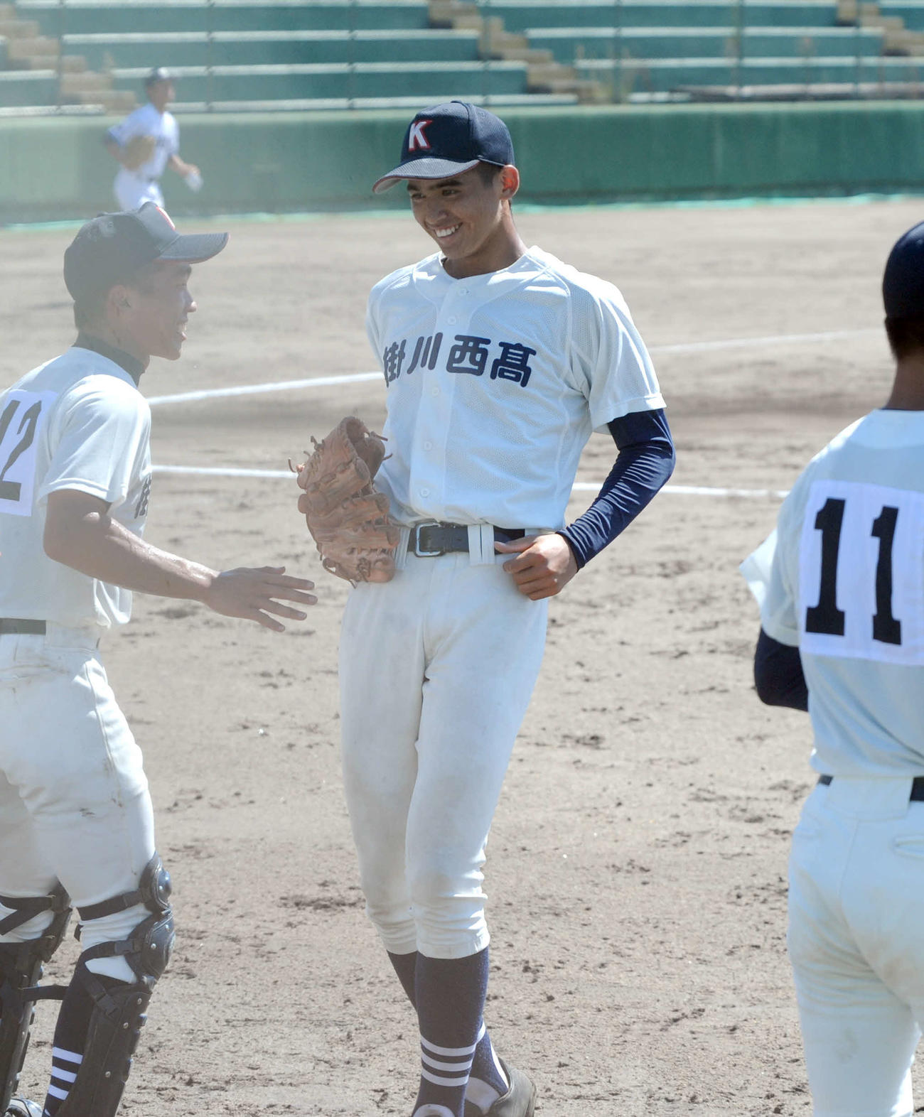 掛川西の沢山は、好投して笑顔