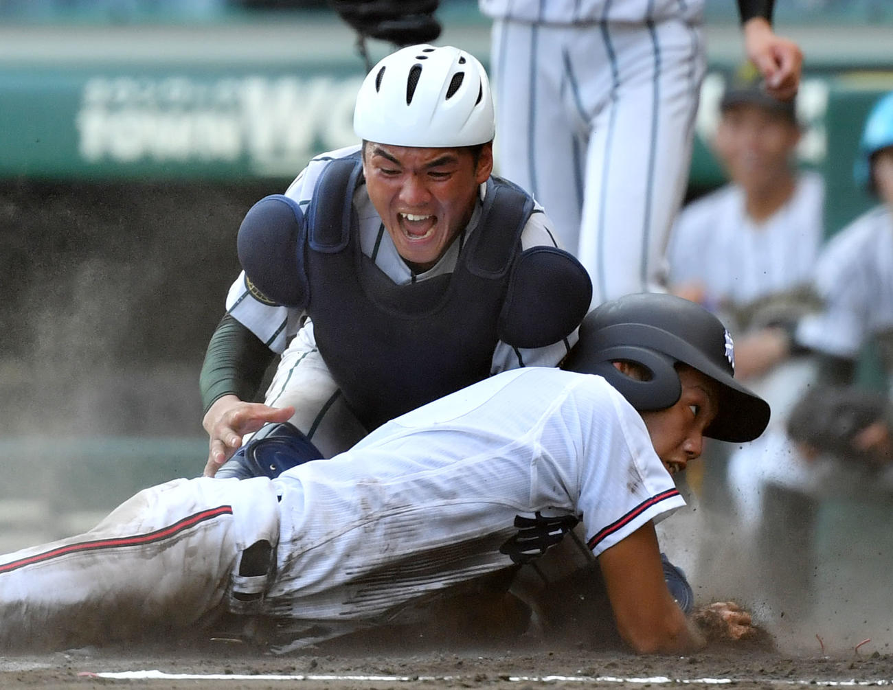 鶴岡東対日本航空石川　6回裏日本航空石川2死二塁、吉田からの好返球で竹下をタッチアウトにする捕手北原（撮影・横山健太）