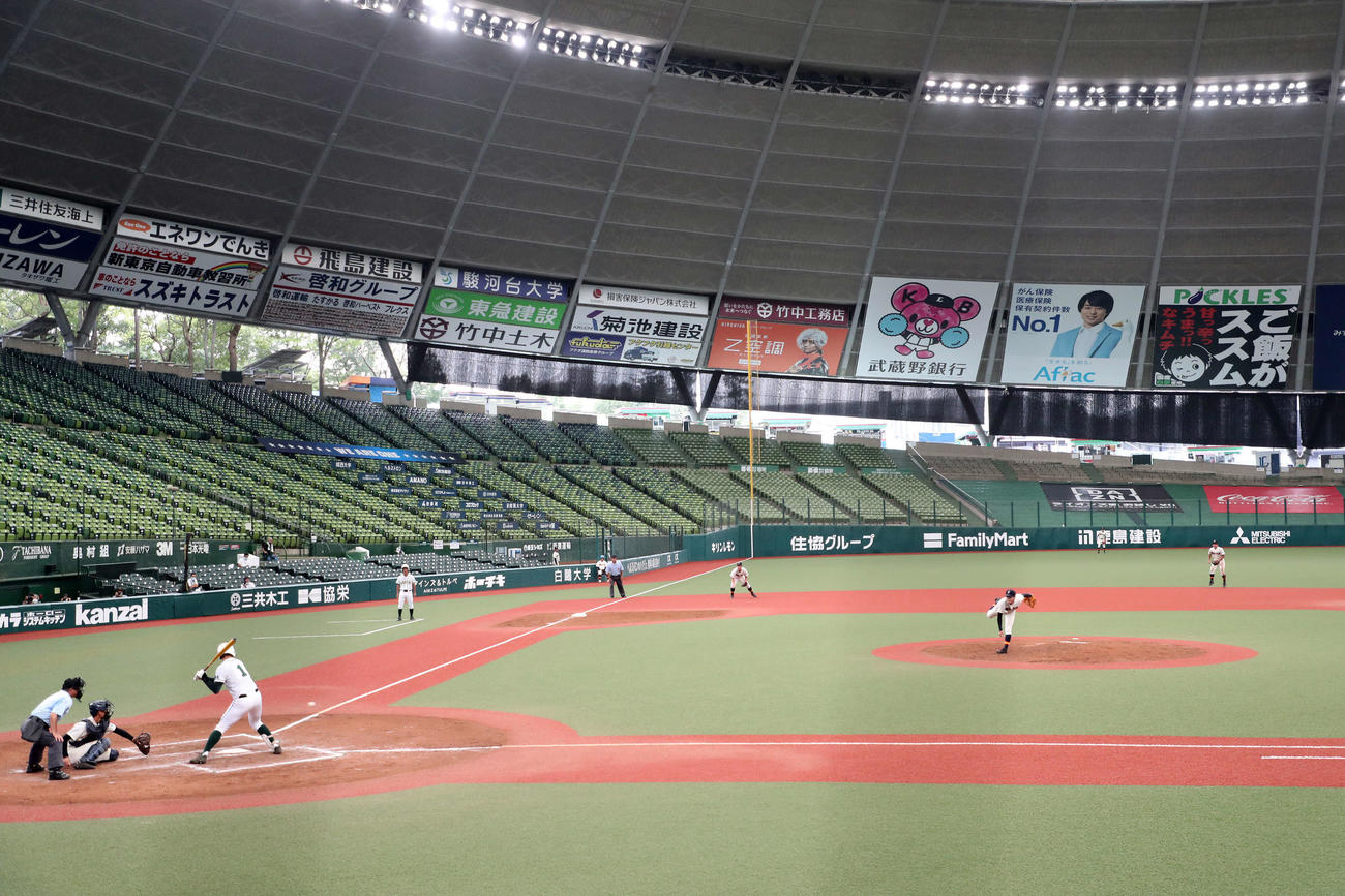 メットライフドームで試合する狭山ケ丘と正智深谷の選手たち（撮影・鈴木正人）