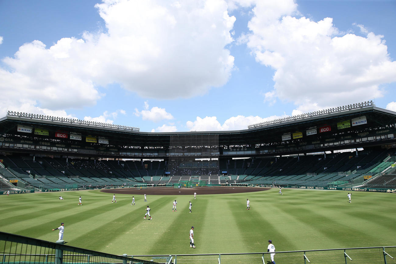 甲子園球場の外野でウオーミングアップを行う参加選手たち（撮影・前田充）