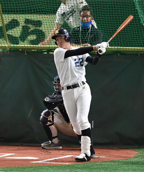 フリー打撃で快音を響かせるノースアジア大明桜・佐々木（撮影・横山健太）