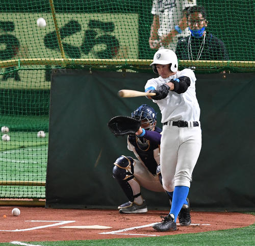 フリー打撃で快音を響かせる蓮田松韻・矢崎（撮影・横山健太）