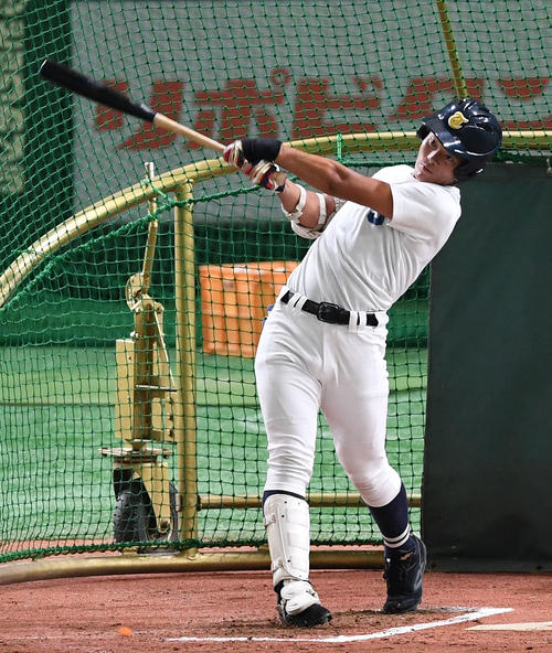 フリー打撃で快音を響かせる東海大甲府・渡部（撮影・横山健太）