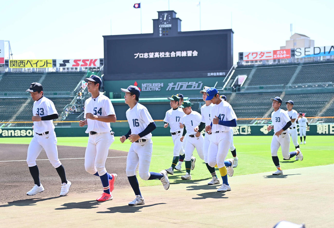 プロ志望高校生合同練習のウオーミングアップを終えベンチに戻る選手たち（撮影・上田博志）