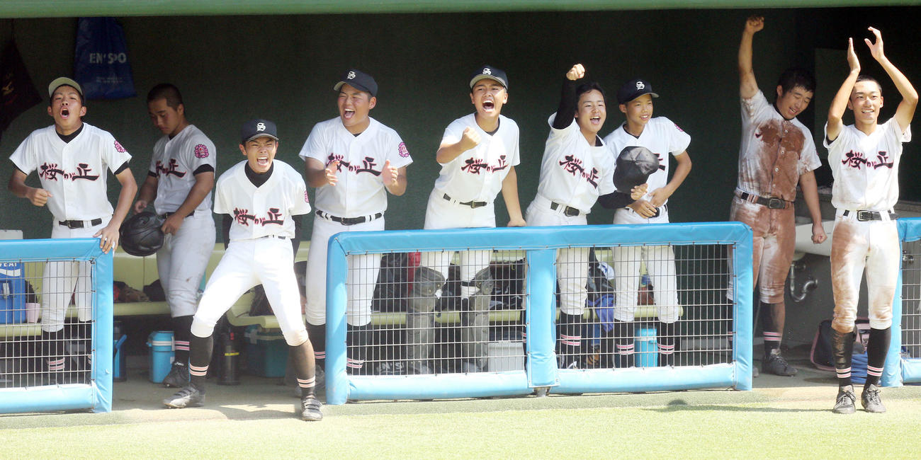 平商・磐城農・好間・四倉連合対磐城桜が丘　得点に盛り上がる磐城桜が丘ベンチ（撮影・野上伸悟）