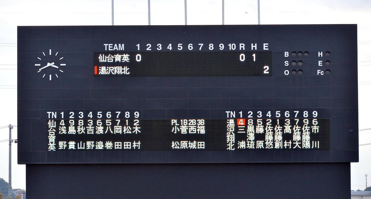 仙台育英対湯沢翔北　両チームの先発メンバーを表示するスコアボード（撮影・鎌田直秀）