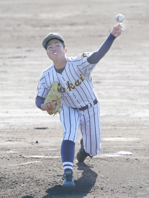 細田学園戦に先発し、力投する東海大甲府若山（撮影・菅敏）