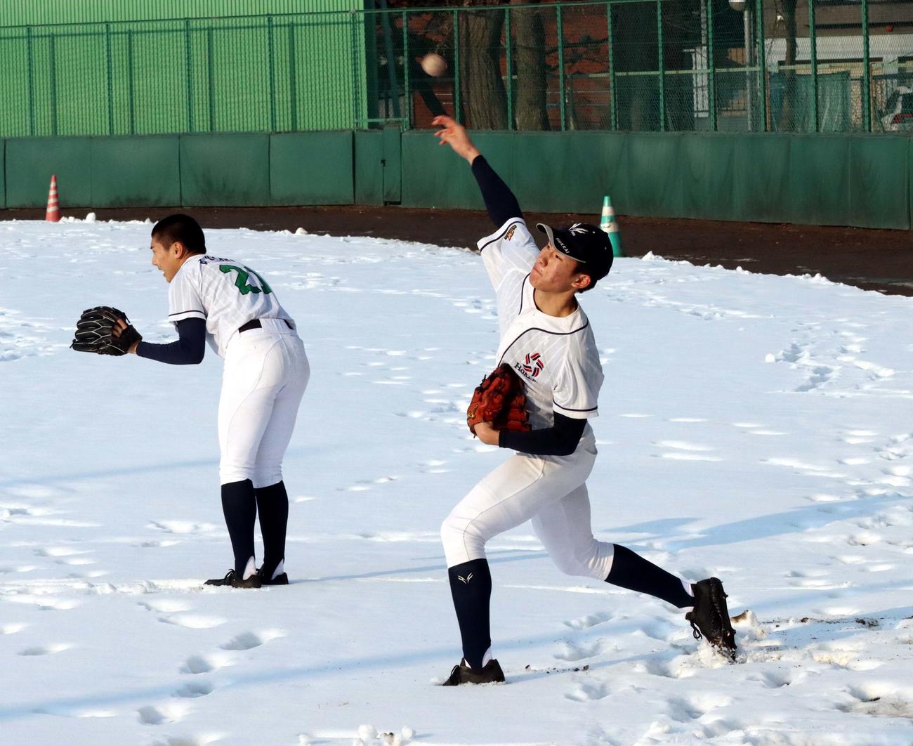 雪の上でキャッチボールする北海の宮下主将（右）（撮影・永野高輔）