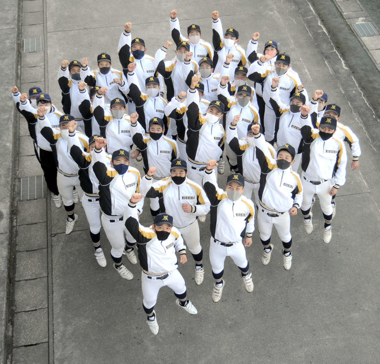 甲子園初出場が決まり、跳び上がって喜ぶ三島南ナイン