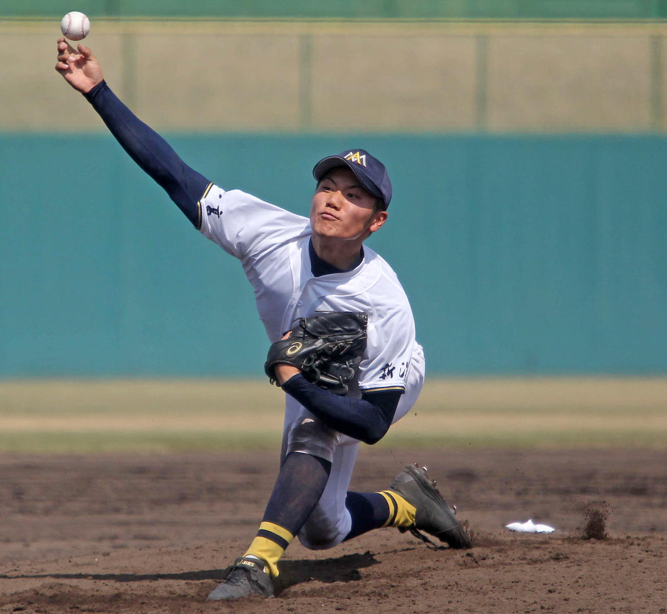 5回を2安打、9奪三振の好投を見せた新井・岡本（撮影・涌井幹雄）