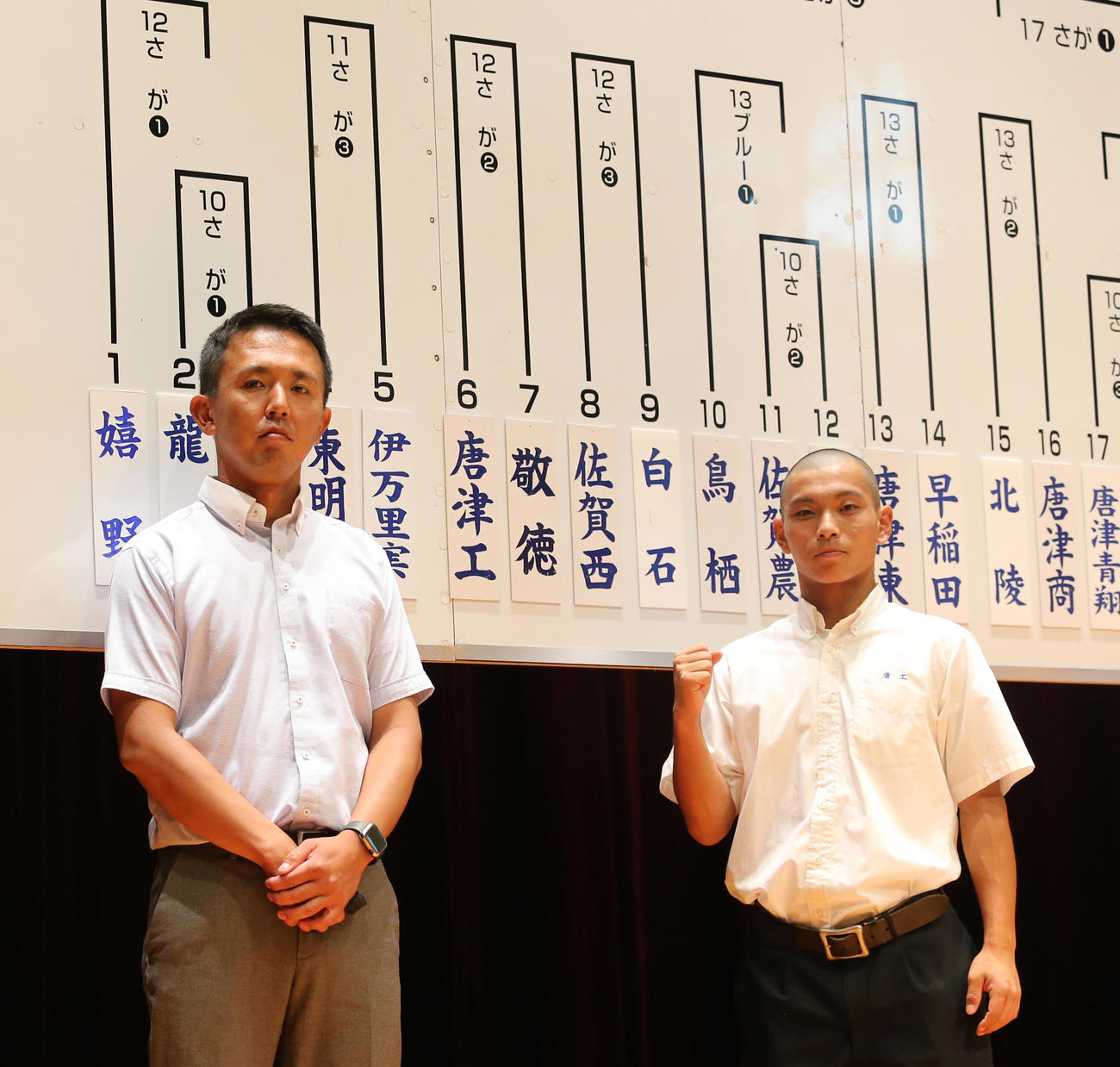 佐賀大会の組み合わせ抽選後、気合を込める唐津工の副島監督（左）と青木主将（撮影・菊川光一）