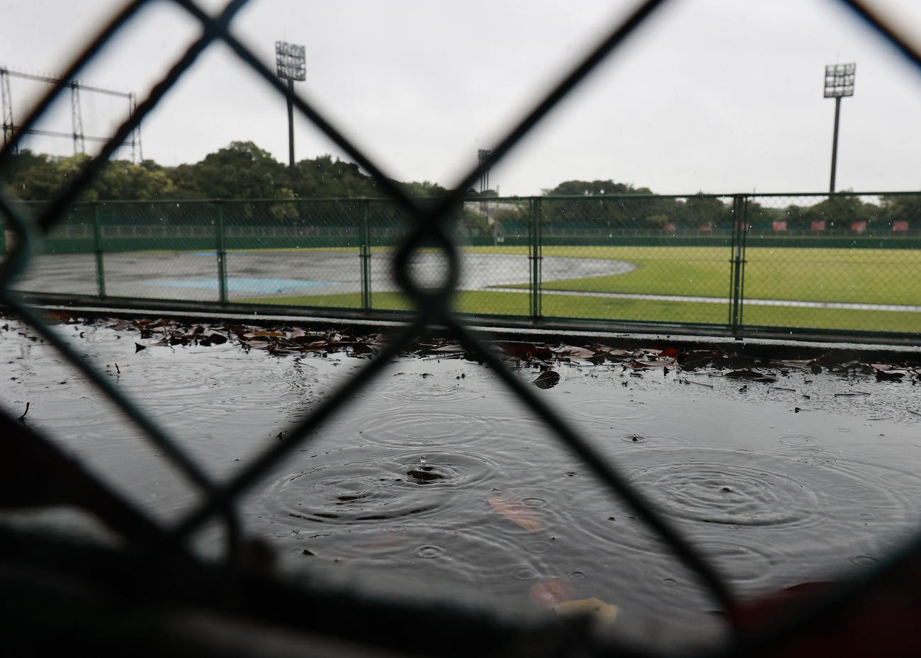 高校野球千葉大会は雨天のため3日連続で中止となった。習志野市の第一カッター球場でも雨が降り続いていた＝3日午前8時40分（撮影・野上伸悟）