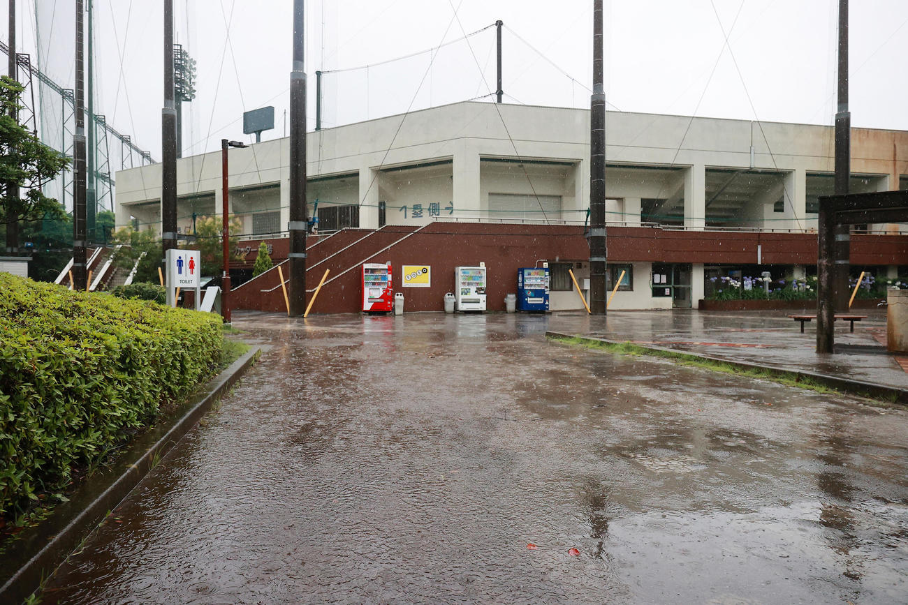 高校野球千葉大会は雨天のため3日連続で中止となった。習志野市の第一カッター球場周辺でも水たまりができるほど雨が降り続いていた＝3日午前8時40分（撮影・野上伸悟）