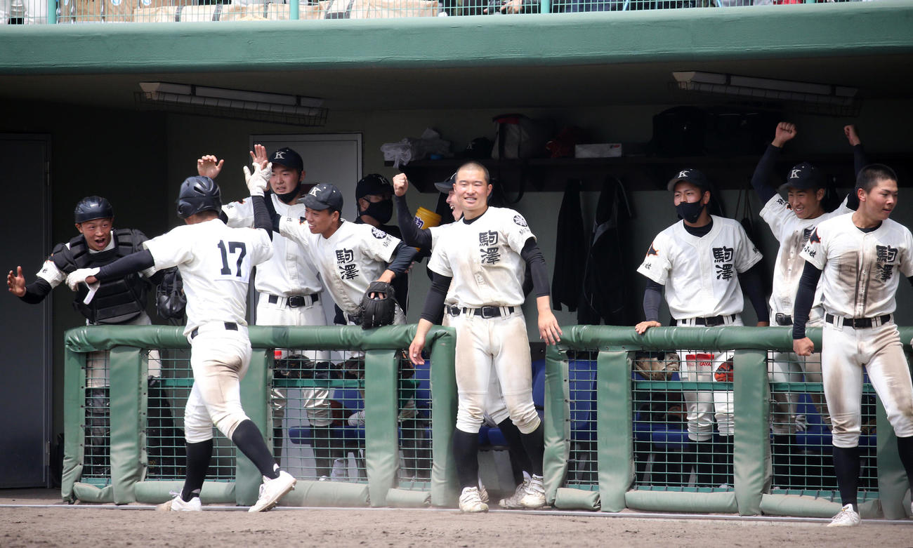 北海道大谷室蘭対駒大苫小牧　6回裏駒大苫小牧2死二塁、荒木の適時三塁打で盛り上がるベンチ（撮影・佐藤翔太）