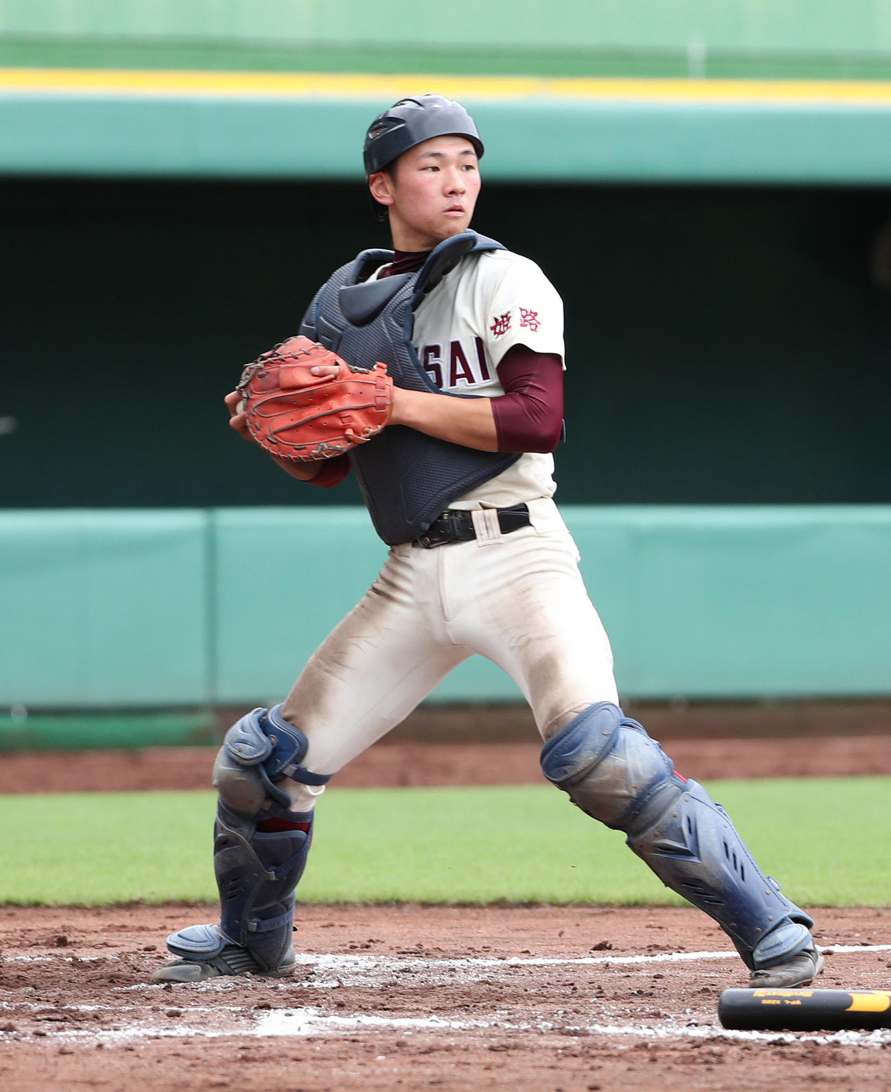 神港学園戦でマスクを被った姫路飾西・捕手宮本尚輝（撮影・白石智彦）