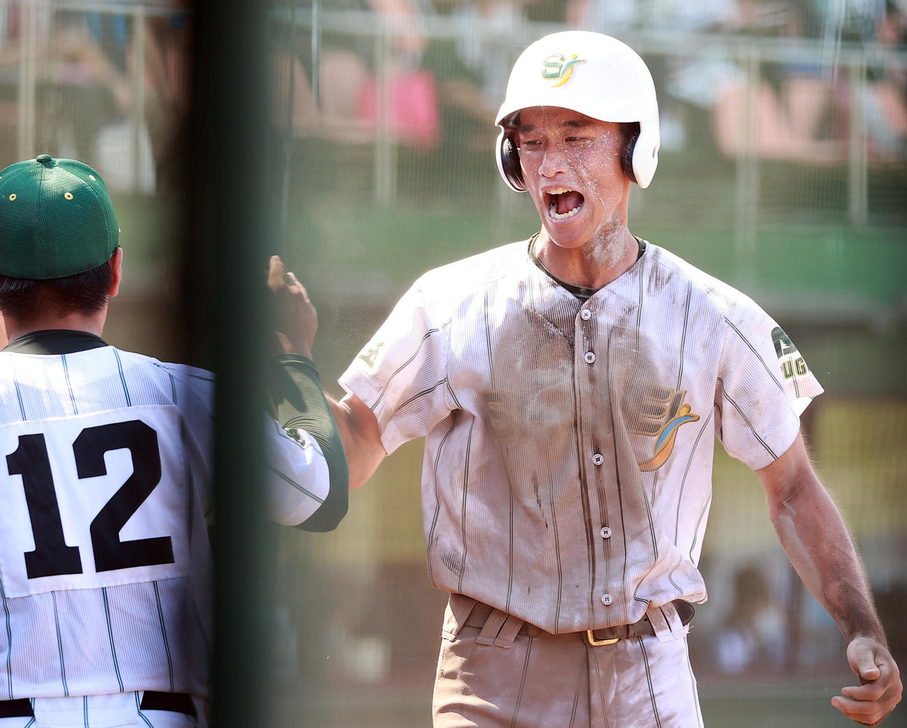 武南対昌平　9回裏昌平1死二、三塁　川田のスクイズで同点の生還をした吉野は顔を土だらけにしながらナインとハイタッチ（撮影・浅見桂子）