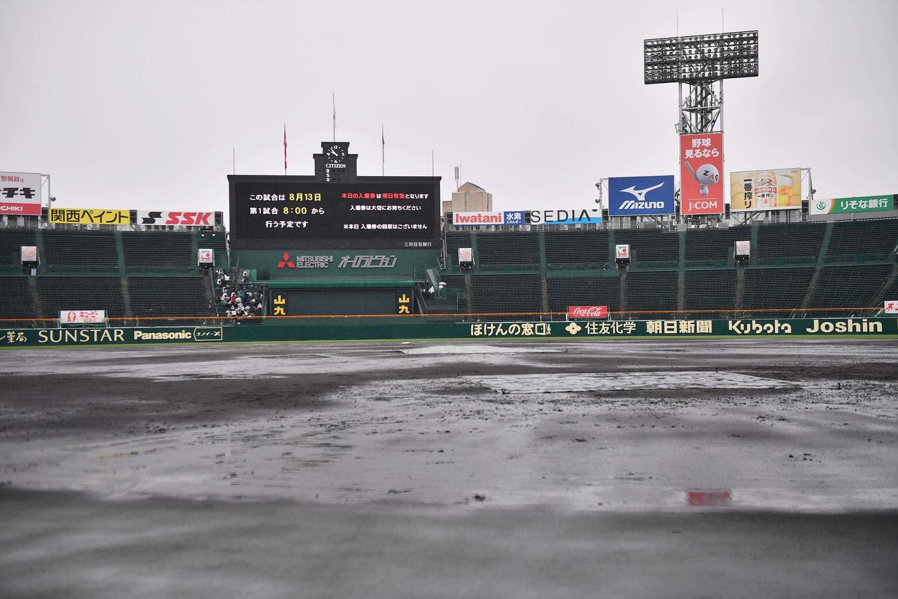 帯広農対ノースアジア大明桜　大雨で水たまりができた甲子園球場のグラウンド（撮影・上田博志）