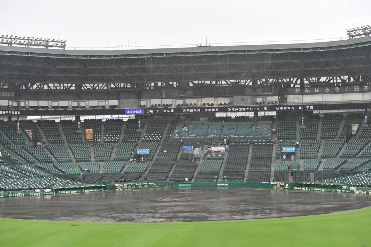 午前8時過ぎ、雨が降り続く甲子園球場（撮影・岩下翔太）