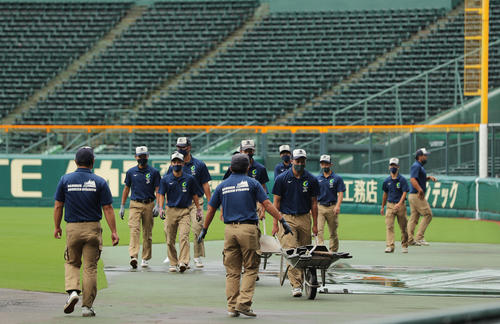 ノースアジア大明桜対帯広農　第1試合が11時開始予定となり、グラウンド整備を開始する阪神園芸の職員ら（撮影・前田充）