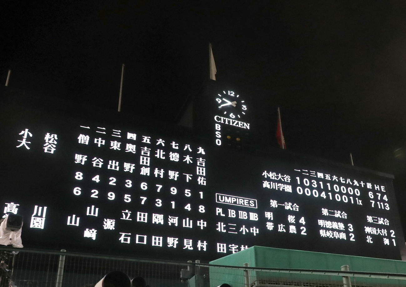 小松大谷対高川学園　試合終了の時刻は21時40分（撮影・上山淳一）