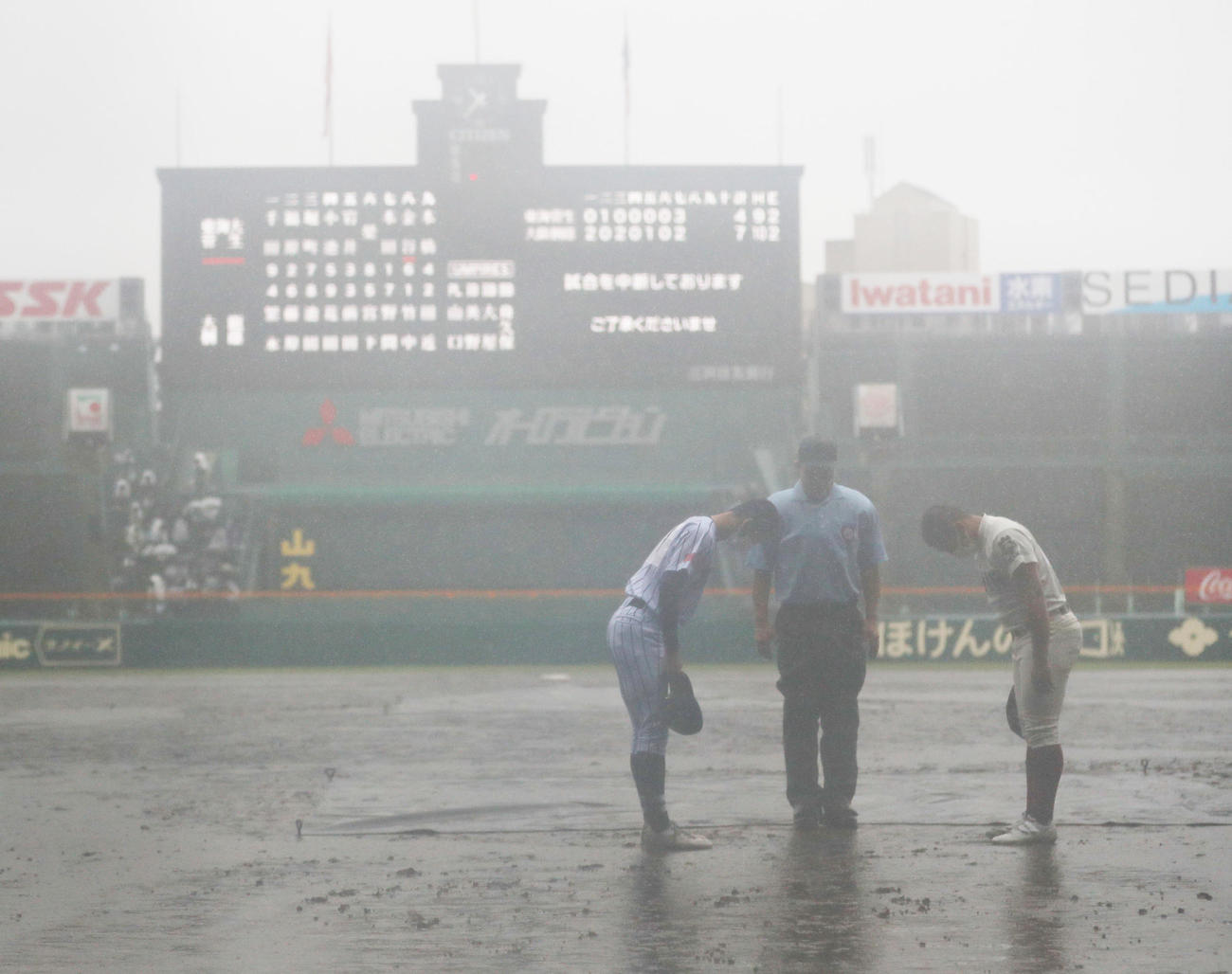 第103回全国高校野球選手権1回戦　東海大菅生対大阪桐蔭　降雨コールドになりあいさつする両主将（撮影・屋方直哉）